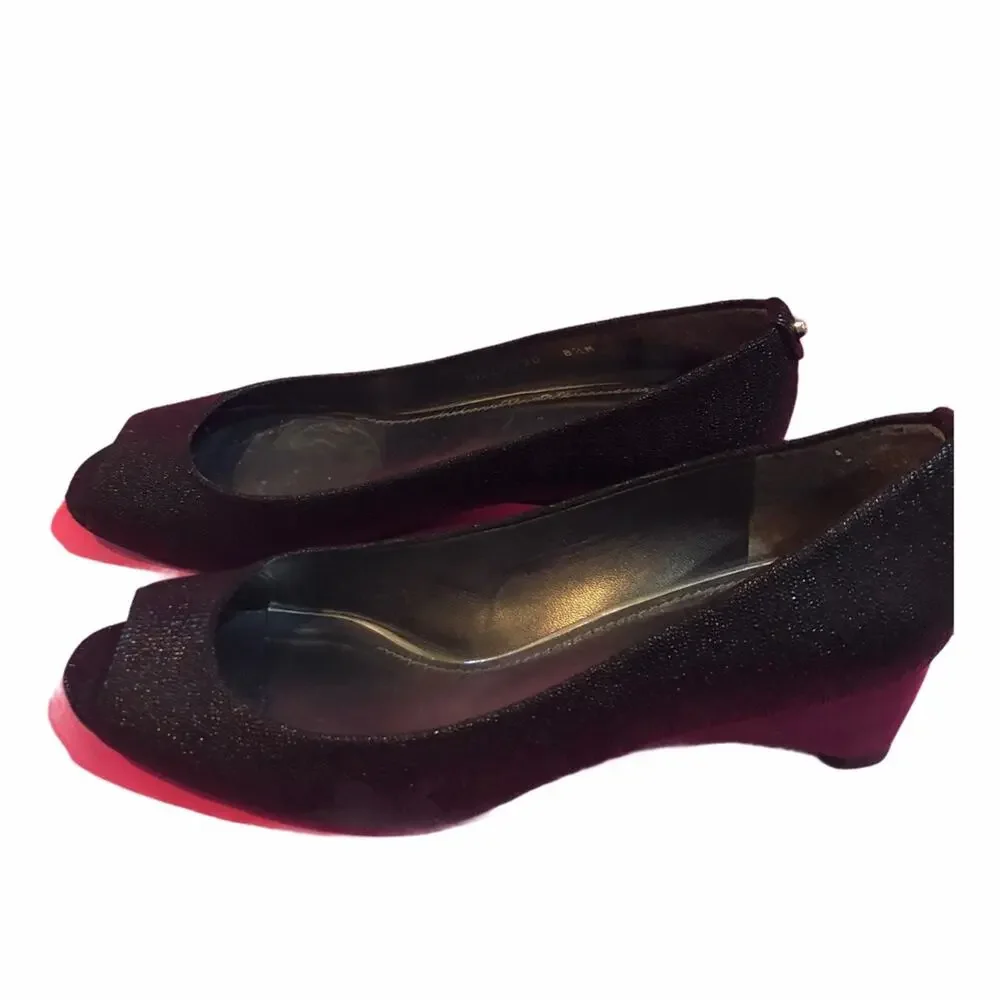 Stuart Weitzman Tofu Peep Toe Wedge Black 8.5 EUC